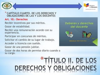 *
*CAPÍTULO CUARTO. DE LOS DERECHOS Y
OBLIGACIONES DE LAS Y LOS DOCENTES
Art. 10.- Derechos
Recibir incentivos por sus méritos.
Gozar de estabilidad.
Recibir una remuneración acorde con su
experiencia.
Participar en concursos de méritos.
Solicitar el cambio de su lugar de trabajo.
Acceder a licencia con sueldo.
Gozar de una pensión jubilar.
Gozar de dos horas de permiso diario cuando a
su cargo.
 