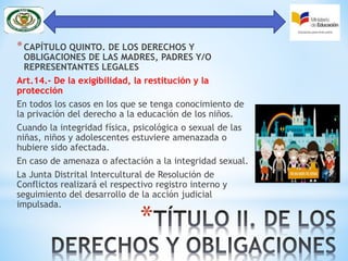 *
*CAPÍTULO QUINTO. DE LOS DERECHOS Y
OBLIGACIONES DE LAS MADRES, PADRES Y/O
REPRESENTANTES LEGALES
Art.14.- De la exigibilidad, la restitución y la
protección
En todos los casos en los que se tenga conocimiento de
la privación del derecho a la educación de los niños.
Cuando la integridad física, psicológica o sexual de las
niñas, niños y adolescentes estuviere amenazada o
hubiere sido afectada.
En caso de amenaza o afectación a la integridad sexual.
La Junta Distrital Intercultural de Resolución de
Conflictos realizará el respectivo registro interno y
seguimiento del desarrollo de la acción judicial
impulsada.
 