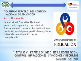 *
*CAPÍTULO TERCERO. DEL CONSEJO
NACIONAL DE EDUCACIÓN
Art. 129.- Ámbito
La Autoridad Educativa Nacional
autorizará, regulará y controlará el
funcionamiento de todas las instituciones
públicas, municipales, particulares y fisco
misionales en el ámbito de su
competencia.
 