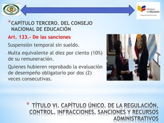 *
*CAPÍTULO TERCERO. DEL CONSEJO
NACIONAL DE EDUCACIÓN
Art. 133.- De las sanciones
Suspensión temporal sin sueldo.
Multa equivalente al diez por ciento (10%)
de su remuneración.
Quienes hubieren reprobado la evaluación
de desempeño obligatorio por dos (2)
veces consecutivas.
 