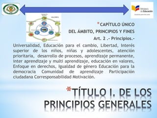 *
*CAPÍTULO ÚNICO
DEL ÁMBITO, PRINCIPIOS Y FINES
Art. 2 .- Principios.-
Universalidad, Educación para el cambio, Libertad, Interés
superior de los niños, niñas y adolescentes, atención
prioritaria, desarrollo de procesos, aprendizaje permanente,
inter aprendizaje y multi aprendizaje, educación en valores,
Enfoque en derechos, Igualdad de género Educación para la
democracia Comunidad de aprendizaje Participación
ciudadana Corresponsabilidad Motivación.
 