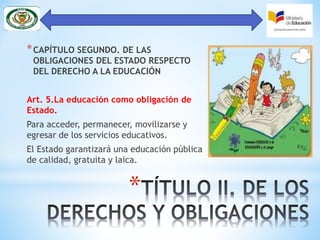 *
*CAPÍTULO SEGUNDO. DE LAS
OBLIGACIONES DEL ESTADO RESPECTO
DEL DERECHO A LA EDUCACIÓN
Art. 5.La educación como obligación de
Estado.
Para acceder, permanecer, movilizarse y
egresar de los servicios educativos.
El Estado garantizará una educación pública
de calidad, gratuita y laica.
 
