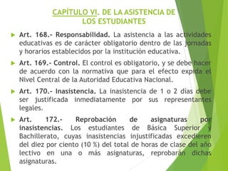CAPÍTULO VI. DE LA ASISTENCIA DE
LOS ESTUDIANTES
 Art. 168.- Responsabilidad. La asistencia a las actividades
educativas es de carácter obligatorio dentro de las jornadas
y horarios establecidos por la institución educativa.
 Art. 169.- Control. El control es obligatorio, y se debe hacer
de acuerdo con la normativa que para el efecto expida el
Nivel Central de la Autoridad Educativa Nacional.
 Art. 170.- Inasistencia. La inasistencia de 1 o 2 días debe
ser justificada inmediatamente por sus representantes
legales.
 Art. 172.- Reprobación de asignaturas por
inasistencias. Los estudiantes de Básica Superior y
Bachillerato, cuyas inasistencias injustificadas excedieren
del diez por ciento (10 %) del total de horas de clase del año
lectivo en una o más asignaturas, reprobarán dichas
asignaturas.
 