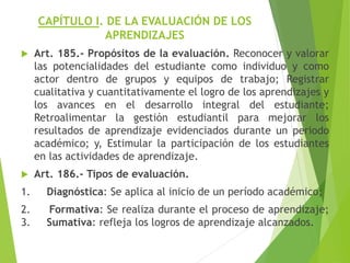CAPÍTULO I. DE LA EVALUACIÓN DE LOS
APRENDIZAJES
 Art. 185.- Propósitos de la evaluación. Reconocer y valorar
las potencialidades del estudiante como individuo y como
actor dentro de grupos y equipos de trabajo; Registrar
cualitativa y cuantitativamente el logro de los aprendizajes y
los avances en el desarrollo integral del estudiante;
Retroalimentar la gestión estudiantil para mejorar los
resultados de aprendizaje evidenciados durante un periodo
académico; y, Estimular la participación de los estudiantes
en las actividades de aprendizaje.
 Art. 186.- Tipos de evaluación.
1. Diagnóstica: Se aplica al inicio de un período académico;
2. Formativa: Se realiza durante el proceso de aprendizaje;
3. Sumativa: refleja los logros de aprendizaje alcanzados.
 