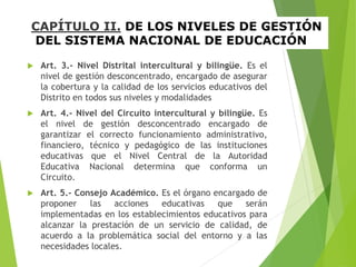 CAPÍTULO II. DE LOS NIVELES DE GESTIÓN
DEL SISTEMA NACIONAL DE EDUCACIÓN
 Art. 3.- Nivel Distrital intercultural y bilingüe. Es el
nivel de gestión desconcentrado, encargado de asegurar
la cobertura y la calidad de los servicios educativos del
Distrito en todos sus niveles y modalidades
 Art. 4.- Nivel del Circuito intercultural y bilingüe. Es
el nivel de gestión desconcentrado encargado de
garantizar el correcto funcionamiento administrativo,
financiero, técnico y pedagógico de las instituciones
educativas que el Nivel Central de la Autoridad
Educativa Nacional determina que conforma un
Circuito.
 Art. 5.- Consejo Académico. Es el órgano encargado de
proponer las acciones educativas que serán
implementadas en los establecimientos educativos para
alcanzar la prestación de un servicio de calidad, de
acuerdo a la problemática social del entorno y a las
necesidades locales.
 