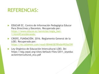 REFERENCIAS:
 EDUCAR EC. Centro de Información Pedagógica Educar
Para Directivos y Docentes. Recuperado por:
https://www.educar.ec/servicios/regla_loei-
1.html#Considerando:
 CRISFE, FUNDACIÓN. 2016. Reglamento General de la
LOEI. Recuperado por:
https://es.calameo.com/read/004465878fe0e9926d39f
 Ley Orgánica de Educación Intercultural LOEI. De:
https://oig.cepal.org/sites/default/files/2011_leyeduc
acionintercultural_ecu.pdf
 