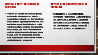 NUMERAL 2 ART 11 APLICACIÓN DE
DERECHOS
• establece que todas las personas son iguales y
gozarán de los mismos derechos, deberes y
oportunidades. nadie podrá ser discriminado por
razones de etnia, lugar de nacimiento, edad, sexo,
identidad de género, identidad cultural, estado
civil, idioma, religión, ideología, filiación política,
pasado judicial, con- dición socio-económica,
condición migratoria, orientación sexual, estado
de salud, portar vih, discapacidad, diferencia
física; ni por cualquier otra distinción, personal o
colectiva, temporal o permanente,
ART 381 DE LA CONSTITUCIÒN DE LA
REPUBLICA
• ESTABLECE QUE EL ESTADO PROTEGERÁ,
PROMOVERÁ Y COORDINARÁ LA CULTURA FÍSICA
QUE COMPRENDE EL DEPORTE, LA EDUCACIÓN
FÍSICA Y LA RECREACIÓN, COMO ACTIVIDADES
QUE CONTRIBUYEN A LA SALUD, FORMACIÓN Y
DESARROLLO INTEGRAL DE LAS PERSONAS
 
