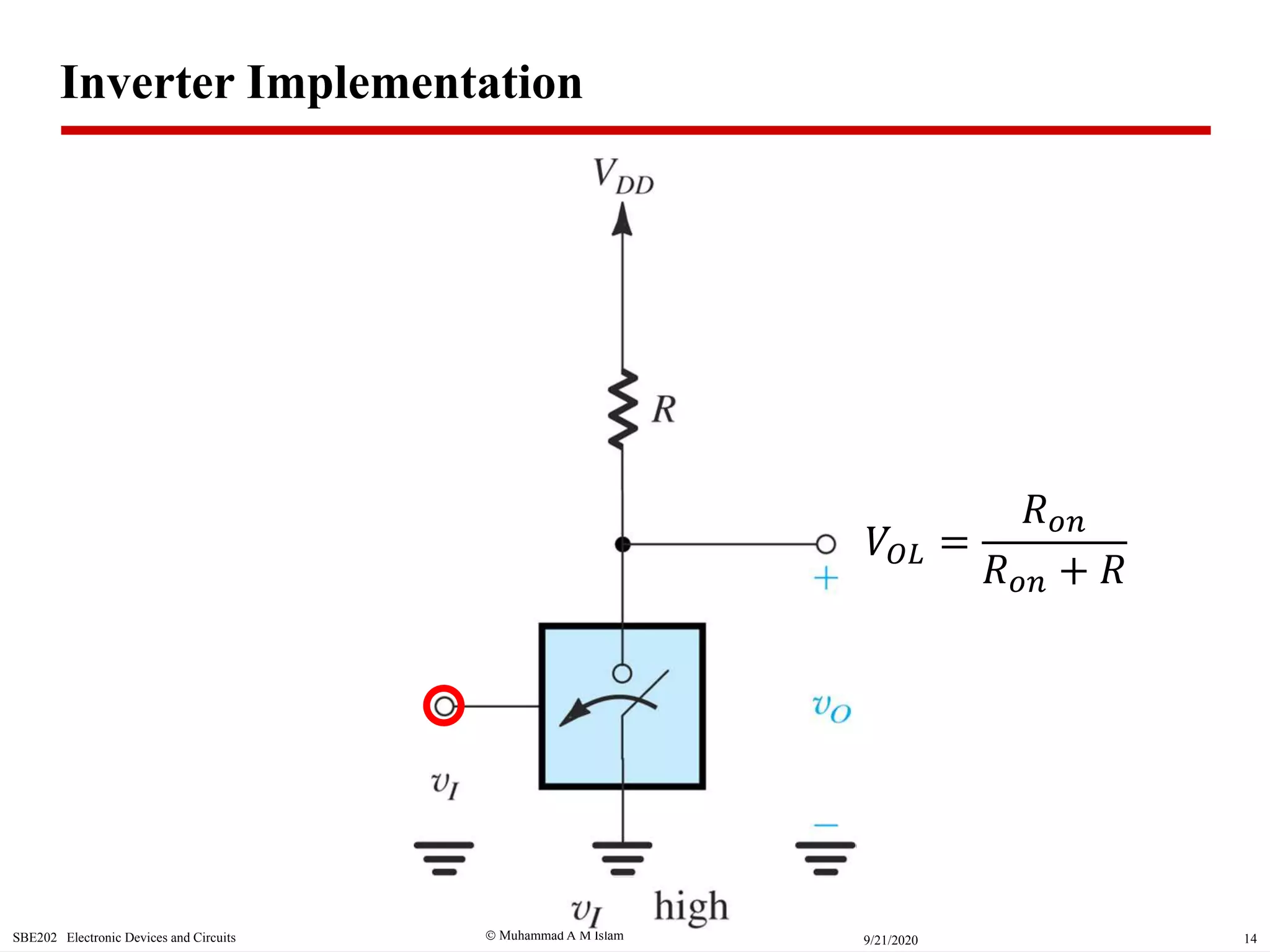  Muhammad A M IslamSBE202 Electronic Devices and Circuits 149/21/2020
Inverter Implementation
𝑉𝑂𝐿 =
𝑅 𝑜𝑛
𝑅 𝑜𝑛 + 𝑅
 
