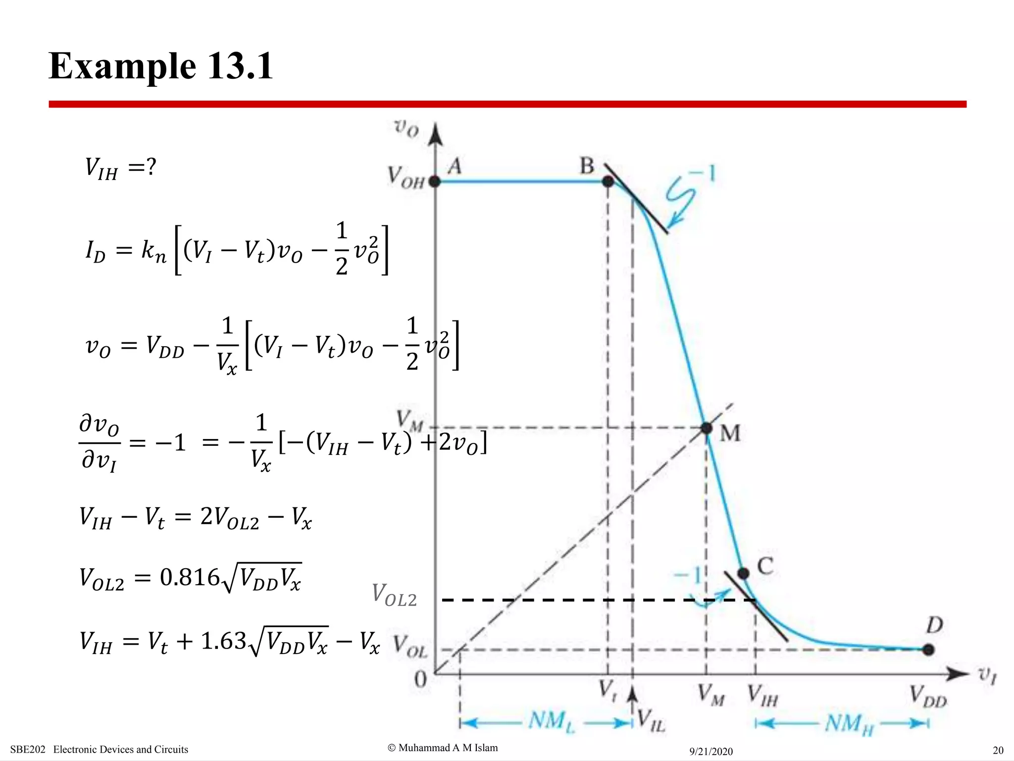  Muhammad A M IslamSBE202 Electronic Devices and Circuits 209/21/2020
Example 13.1
𝑉𝐼𝐻 =?
𝑉𝐼𝐻 − 𝑉𝑡 = 2𝑉𝑂𝐿2 − 𝑉𝑥
𝑉𝑂𝐿2 = 0.816 𝑉𝐷𝐷 𝑉𝑥
𝐼 𝐷 = 𝑘 𝑛 𝑉𝐼 − 𝑉𝑡 𝑣 𝑂 −
1
2
𝑣 𝑂
2
𝑣 𝑂 = 𝑉𝐷𝐷 −
1
𝑉𝑥
𝑉𝐼 − 𝑉𝑡 𝑣 𝑂 −
1
2
𝑣 𝑂
2
𝜕𝑣 𝑂
𝜕𝑣𝐼
= −1 = −
1
𝑉𝑥
− 𝑉𝐼𝐻 − 𝑉𝑡 +2𝑣 𝑂
𝑉𝐼𝐻 = 𝑉𝑡 + 1.63 𝑉𝐷𝐷 𝑉𝑥 − 𝑉𝑥
𝑉𝑂𝐿2
 