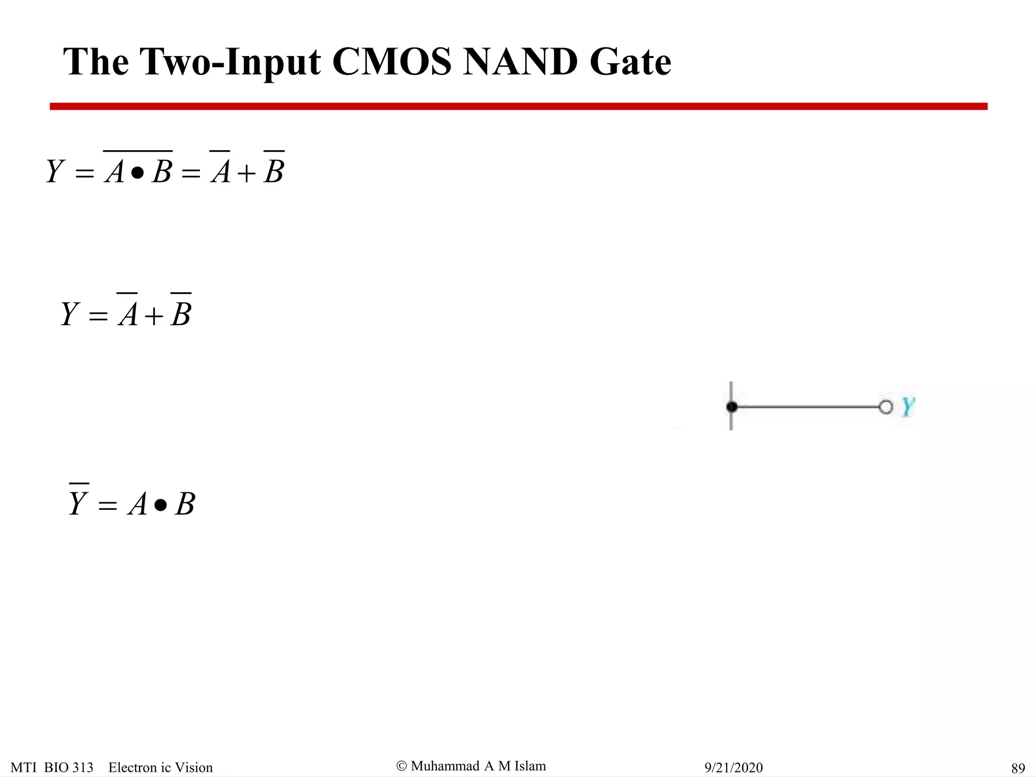  Muhammad A M IslamMTI BIO 313 Electron ic Vision 899/21/2020
Y A B A B   
Y A B 
Y A B 
The Two-Input CMOS NAND Gate
 