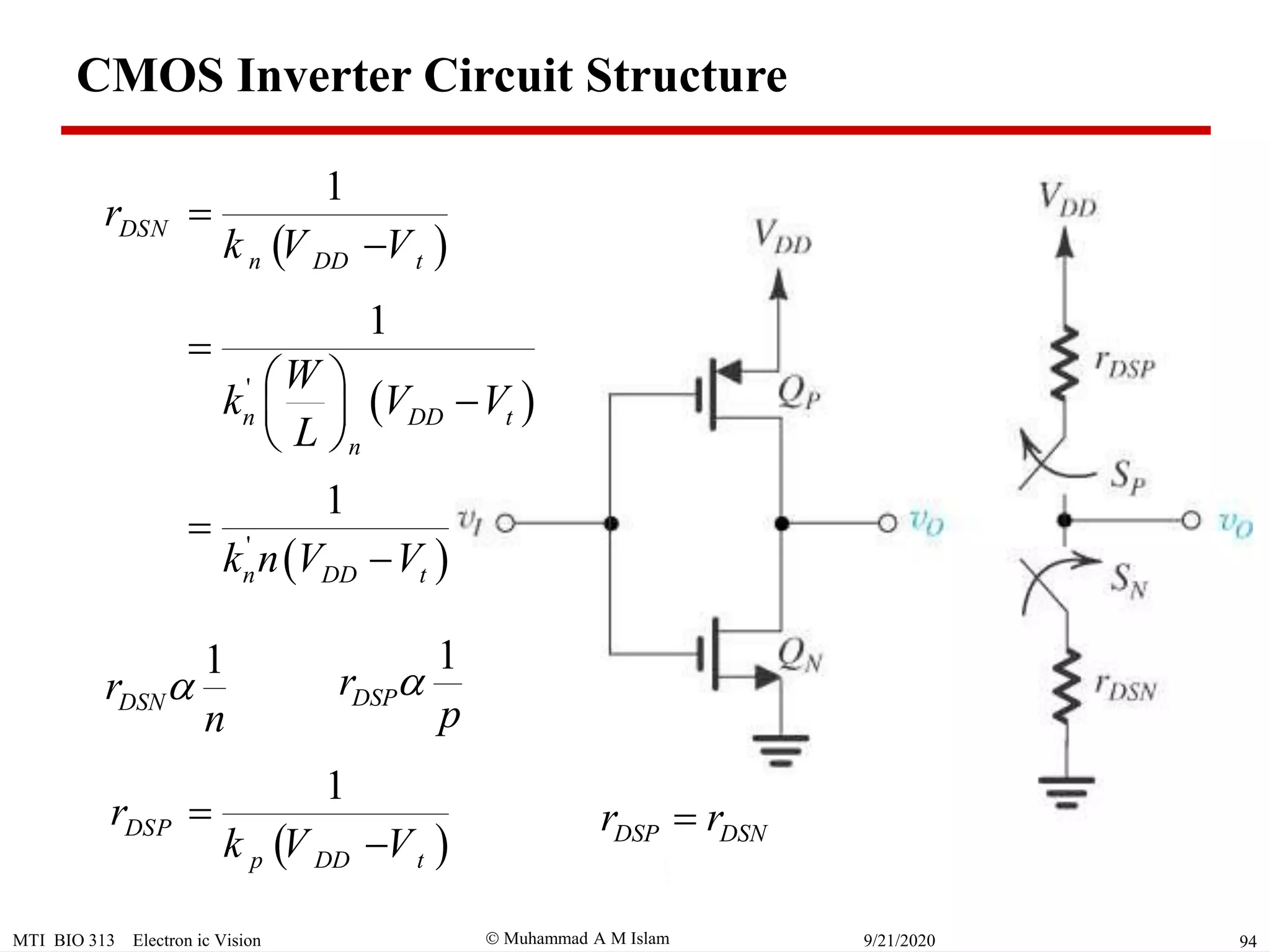  Muhammad A M IslamMTI BIO 313 Electron ic Vision 949/21/2020
CMOS Inverter Circuit Structure
 
1
DSN
n DD t
r
k V V


 
1
DSP
p DD t
r
k V V


 '
1
n DD t
n
W
k V V
L

   
 
DSP DSNr r
 '
1
n DD tk n V V


1
DSNr
n

1
DSPr
p

 