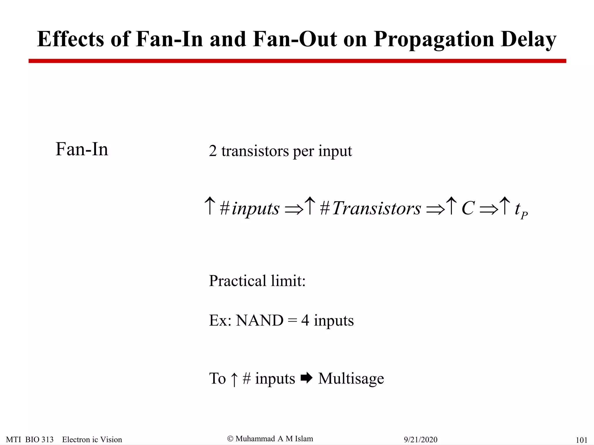  Muhammad A M IslamMTI BIO 313 Electron ic Vision 1019/21/2020
Fan-In
# # Pinputs Transistors C t   
2 transistors per input
Practical limit:
Ex: NAND = 4 inputs
To ↑ # inputs  Multisage
Effects of Fan-In and Fan-Out on Propagation Delay
 