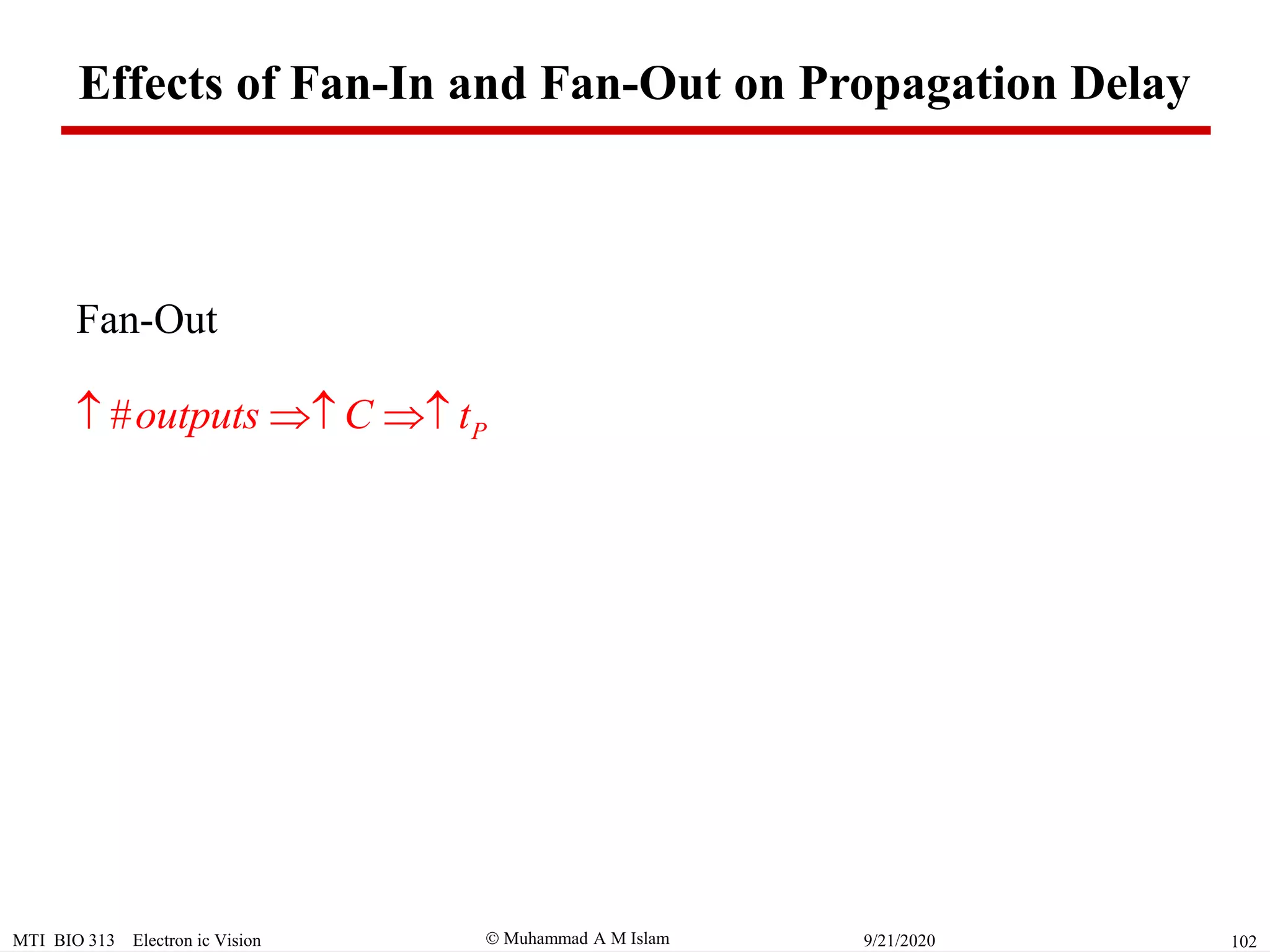  Muhammad A M IslamMTI BIO 313 Electron ic Vision 1029/21/2020
Fan-Out
# Poutputs C t  
Effects of Fan-In and Fan-Out on Propagation Delay
 