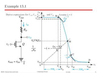  Muhammad A M IslamSBE202 Electronic Devices and Circuits 189/21/2020
Example 13.1
Derive expressions for VOH VOL VIL VIH, , and VM
𝑉𝑂𝐻 = 𝑉𝐷𝐷
𝑉𝐼𝐿 =?
𝐼 𝐷 =
1
2
𝑘 𝑛 𝑉𝐼 − 𝑉𝑡
2
𝑣 𝑂 = 𝑉𝐷𝐷 −
1
2
𝑘 𝑛 𝑣𝐼 − 𝑉𝑡
2
𝑅 𝐷
𝜕𝑣 𝑂
𝜕𝑣𝐼
= −1 𝑉𝑥 =
1
𝑘 𝑛 𝑅 𝐷
𝑉𝐼𝐿 = 𝑉𝑥 + 𝑉𝑡
𝑉𝑂𝐻2 = 𝑉𝐷𝐷 −
𝑉𝑥
2
−1 = −
𝑣𝐼 − 𝑉𝑡
𝑉𝑥
Assume λ = 0
𝑉𝑂𝐻2
 