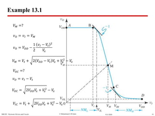  Muhammad A M IslamSBE202 Electronic Devices and Circuits 199/21/2020
Example 13.1
𝑉 𝑀 =?
𝑣 𝑂 = 𝑣𝐼 = 𝑉 𝑀
𝑣 𝑂 = 𝑉𝐷𝐷 −
1
2
𝑣𝐼 − 𝑉𝑡
2
𝑉𝑥
𝑣 𝑂 = 𝑣𝐼 − 𝑉𝑡
𝑉 𝑀 = 𝑉𝑡 + 2 𝑉𝐷𝐷 − 𝑉𝑡 𝑉𝑥 + 𝑉𝑥
2
− 𝑉𝑥
𝑉𝑂𝐶 = 2𝑉𝐷𝐷 𝑉𝑥 + 𝑉𝑥
2
− 𝑉𝑥
𝑉𝑂𝐶 =?
𝑉𝐼𝐶 = 𝑉𝑡 + 2𝑉𝐷𝐷 𝑉𝑥 + 𝑉𝑥
2
− 𝑉𝑥
 