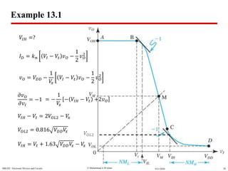  Muhammad A M IslamSBE202 Electronic Devices and Circuits 209/21/2020
Example 13.1
𝑉𝐼𝐻 =?
𝑉𝐼𝐻 − 𝑉𝑡 = 2𝑉𝑂𝐿2 − 𝑉𝑥
𝑉𝑂𝐿2 = 0.816 𝑉𝐷𝐷 𝑉𝑥
𝐼 𝐷 = 𝑘 𝑛 𝑉𝐼 − 𝑉𝑡 𝑣 𝑂 −
1
2
𝑣 𝑂
2
𝑣 𝑂 = 𝑉𝐷𝐷 −
1
𝑉𝑥
𝑉𝐼 − 𝑉𝑡 𝑣 𝑂 −
1
2
𝑣 𝑂
2
𝜕𝑣 𝑂
𝜕𝑣𝐼
= −1 = −
1
𝑉𝑥
− 𝑉𝐼𝐻 − 𝑉𝑡 +2𝑣 𝑂
𝑉𝐼𝐻 = 𝑉𝑡 + 1.63 𝑉𝐷𝐷 𝑉𝑥 − 𝑉𝑥
𝑉𝑂𝐿2
 