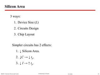  Muhammad A M IslamSBE202 Electronic Devices and Circuits 299/21/2020
Silicon Area
3 ways:
1. Device Size (L)
2. Circuits Design
3. Chip Layout
Simpler circuits has 2 effects:
1. ↓ Silicon Area.
2. ↓C → ↓ tp.
3. ↓ I → ↑ tp.
 
