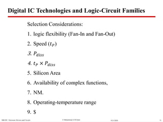  Muhammad A M IslamSBE202 Electronic Devices and Circuits 319/21/2020
Selection Considerations:
1. logic flexibility (Fan-In and Fan-Out)
2. Speed (𝑡 𝑃)
3. 𝑃𝑑𝑖𝑠𝑠
4. 𝑡 𝑃 × 𝑃𝑑𝑖𝑠𝑠
5. Silicon Area
6. Availability of complex functions,
7. NM.
8. Operating-temperature range
9. $
Digital IC Technologies and Logic-Circuit Families
 
