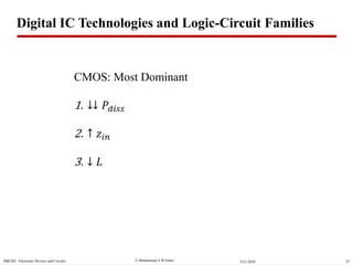  Muhammad A M IslamSBE202 Electronic Devices and Circuits 329/21/2020
CMOS: Most Dominant
1. ↓↓ 𝑃𝑑𝑖𝑠𝑠
2. ↑ 𝑧𝑖𝑛
3. ↓ 𝐿
Digital IC Technologies and Logic-Circuit Families
 