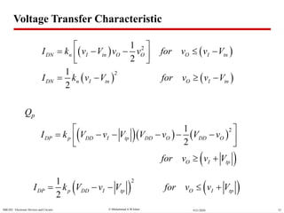  Muhammad A M IslamSBE202 Electronic Devices and Circuits 539/21/2020
   21
2
DN n I tn O O O I tnI k v V v v for v v V
 
      
Qp
    
 
21
2
DP p DD I tp DD O DD O
O I tp
I k V v V V v V v
for v v V
 
       
 
   
21
2
DN n I tn O I tnI k v V for v v V   
   
21
2
DP p DD I tp O I tpI k V v V for v v V    
Voltage Transfer Characteristic
 