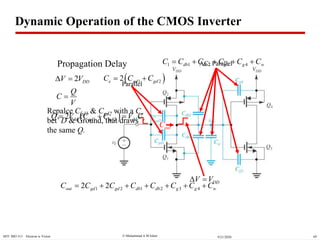  Muhammad A M IslamMTI BIO 313 Electron ic Vision 699/21/2020
DDV V 
Propagation Delay AC: Parallel
outC
1 1 2 3 4db db g g wC C C C C C    
2 DDV V 
1 2 1 2 3 42 2out gd gd db db g g wC C C C C C C C      
Q
C
V

Parallel
Repalce Cgd1 & Cgd2 with a Ce
bet’ D & Ground, that draws
the same Q.
 1 22 dd gd gd dd eQ V C C V C  
 1 22e gd gdC C C 
Dynamic Operation of the CMOS Inverter
 