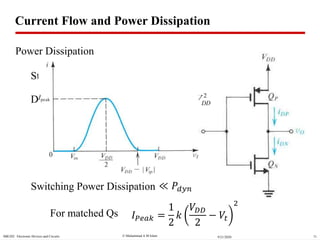  Muhammad A M IslamSBE202 Electronic Devices and Circuits 719/21/2020
Power Dissipation
Static Power Dissipation = 0
Current Flow and Power Dissipation
2
dyn DDP fCVDynamic Power Dissipation
↑ #𝑇𝑟𝑠 ↑ 𝐶
↓ 𝑉𝐷𝐷 ↓ 𝑃𝑑𝑦𝑛
Switching Power Dissipation ≪ 𝑃𝑑𝑦𝑛
𝐼 𝑃𝑒𝑎𝑘 =
1
2
𝑘
𝑉𝐷𝐷
2
− 𝑉𝑡
2
For matched Qs
 