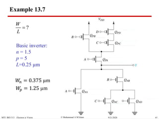  Muhammad A M IslamMTI BIO 313 Electron ic Vision 979/21/2020
Example 13.7
?
W
L

Basic inverter:
n = 1.5
p = 5
L=0.25 µm
𝑊𝑛 = 0.375 µm
𝑊𝑝 = 1.25 µm
 