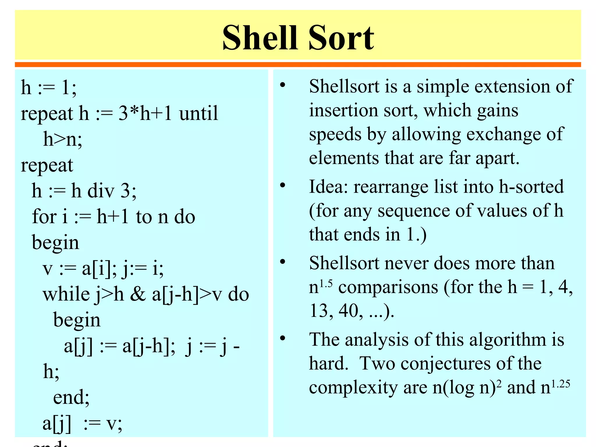 Shell Sort
h := 1;
repeat h := 3*h+1 until
h>n;
repeat
h := h div 3;
for i := h+1 to n do
begin
v := a[i]; j:= i;
while j>h & a[j-h]>v do
begin
a[j] := a[j-h]; j := j -
h;
end;
a[j] := v;
• Shellsort is a simple extension of
insertion sort, which gains
speeds by allowing exchange of
elements that are far apart.
• Idea: rearrange list into h-sorted
(for any sequence of values of h
that ends in 1.)
• Shellsort never does more than
n1.5
comparisons (for the h = 1, 4,
13, 40, ...).
• The analysis of this algorithm is
hard. Two conjectures of the
complexity are n(log n)2
and n1.25
 