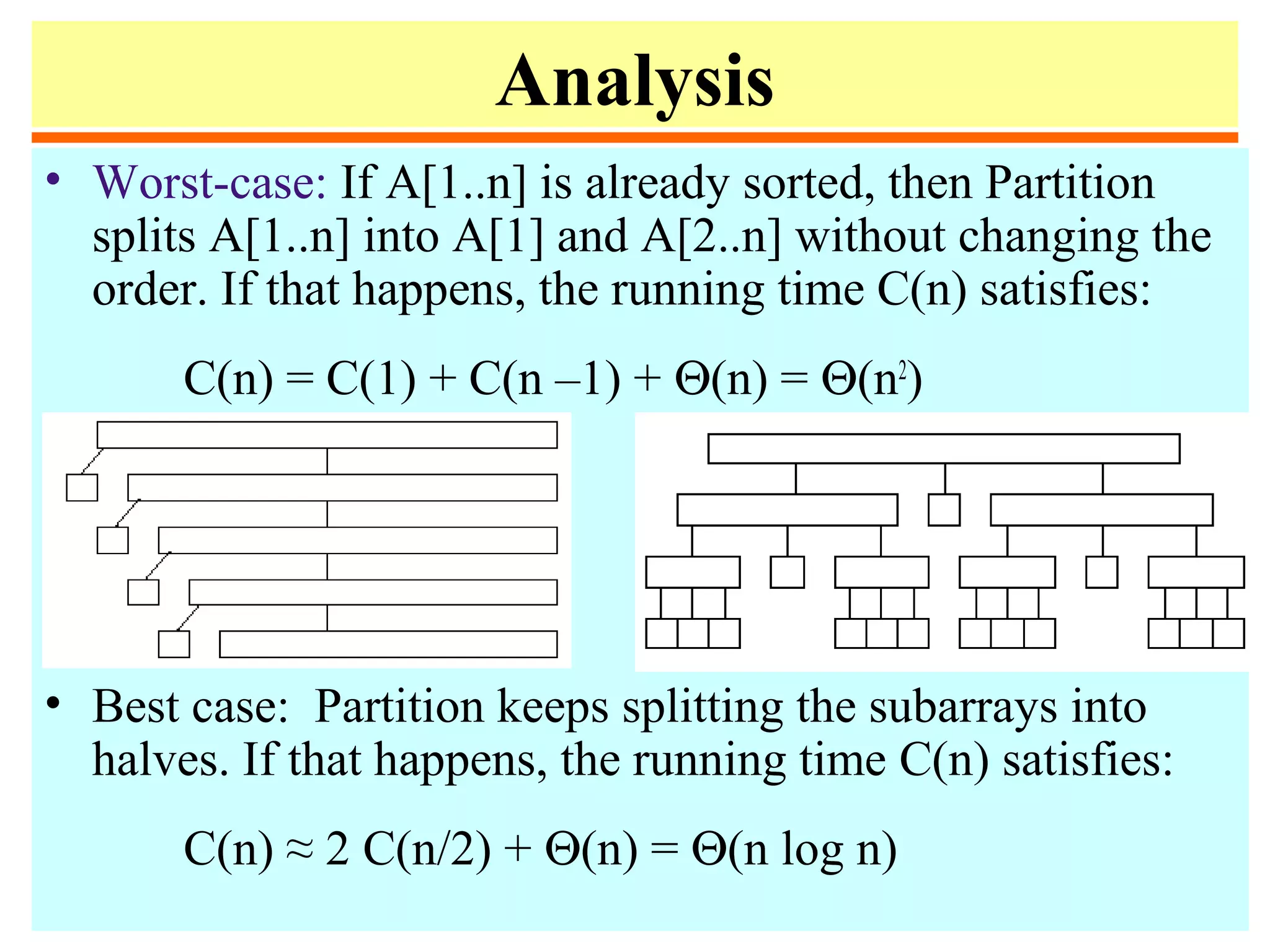 Analysis
• Worst-case: If A[1..n] is already sorted, then Partition
splits A[1..n] into A[1] and A[2..n] without changing the
order. If that happens, the running time C(n) satisfies:
C(n) = C(1) + C(n –1) + Θ(n) = Θ(n2
)
• Best case: Partition keeps splitting the subarrays into
halves. If that happens, the running time C(n) satisfies:
C(n) ≈ 2 C(n/2) + Θ(n) = Θ(n log n)
 