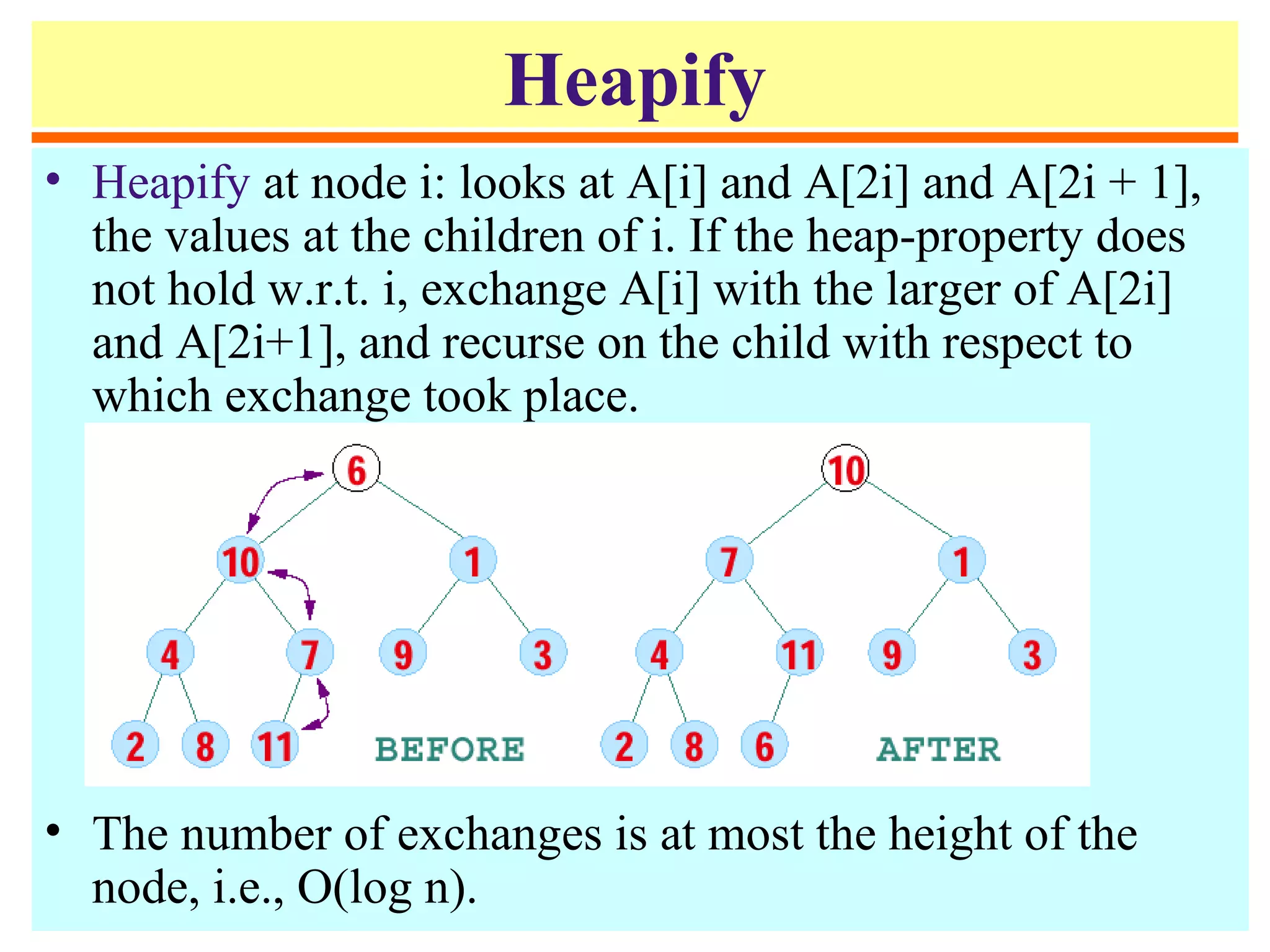 Heapify
• Heapify at node i: looks at A[i] and A[2i] and A[2i + 1],
the values at the children of i. If the heap-property does
not hold w.r.t. i, exchange A[i] with the larger of A[2i]
and A[2i+1], and recurse on the child with respect to
which exchange took place.
• The number of exchanges is at most the height of the
node, i.e., O(log n).
 