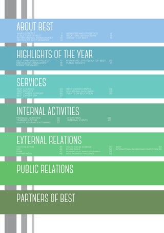ABOUT BEST
SERVICES
HIGHLIGHTS OF THE YEAR
INTERNAL ACTIVITIES
EXTERNAL RELATIONS
PUBLIC RELATIONS
PARTNERS OF BEST
WHAT IS BEST?	 7
STRUCTURE OF BEST	 8
INTERNATIONAL MANAGEMENT 10
PROFILE OF BEST MEMBERS	 12
MEMBERS AND STATISTICS	 12
RELATIONS WITH ALUMNI	 14
GROWTH OF BEST	 15
BEST ANNIVERSARY PROJECT 	 17
KNOWLEDGE MANAGEMENT	 18
MARKET RESEARCH	 19
MARKETING STRATEGIES OF BEST 20
PUBLIC WEBSITE	 21
BEST COURSES	 23
EBEC PROJECT	 24
BEST CAREER SUPPORT	 26
BEST CAREER DAY	 27
BEST CAREER CENTER	 28
EDUCATIONAL INVOLVEMENT	 29
EVENTS ON EDUCATION	 30
FINANCIAL OVERVIEW	 33
TRAINING SYSTEM	 36
QUALITY ASSURANCE IN TRAINING 37
IT SYSTEMS	 38
INTERNAL EVENTS	 40
YOUTH IN ACTION	 45
SEFI	 46
FEANI	 47
PARTNER NGOS	 48
YOUTH FORUM JEUNESSE	 50
ROUND TABLE	 50
PROMOTING VIRTUAL MOBILITY IN PLACEMENTS 52
INTEL BUSINESS CHALLENGE	 53
WEEF	 54
INTERNATIONALENGINEERINGCOMPETITION 55
 