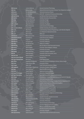 61
LBG Kaunas Justinas Mažonas Kaunas University ofTechnology
LBG Kiev Marina Shalko NationalTechnical University of Ukraine "Kyiv Polytechnic Institute"
LBG Kosice Marcela Markovičová Technical University of Kosice
LBG Krakow Michal Kulbat AGH-UST - University of Science andTechnology
LBG Las Palmas Maria Ramos Las Palmas of Gran Canaria University
LBG Leuven Laurens De Smedt Catholic University of Leuven (KUL)
LBG Liege Anthony Marchand University of Liège
LBG Lisbon Ana Rita Medeiros University of Lisbon
LBG Ljubljana Tanja Abramovic University of Ljubljana
LBG Lodz MartaWadowska Lodz University ofTechnology
LBG Louvain-la-Neuve Louise Noël Catholic University of Louvain (UCL)
LBG Lund Ellen Persson Lund University, Faculty of Engineering, LundsTekniska Högskola
LBG Lviv Oleh Kozak Lviv Polytechnic National University
LBG Lyon Rémi Chateau INSA Lyon
LBG Madrid Pedro Garcia Chas Technical University of Madrid
LBG Madrid Carlos III Irene Romero Carlos III University of Madrid
LBG Maribor Katja Čuš University of Maribor
LBG Messina Giuseppe Sgrň University of Messina
LBG Milan Michele Damato Politecnico di Milano
LBG Moscow Pavel Sukhov Bauman Moscow StateTechnical University
LBG Mostar Nermina Baljic University "Dzemal Bijedic" of Mostar
LBG Nancy Adrien Carpinteiro University of Lorraine
LBG Naples Mario Salomone University of Naples "Federico II”
LBG Nis Pavle Djordjevic University of Nis (Univerzitet u Nisu)
LBG Novi Sad MarkoVasiljevic University of Novi Sad
LBG Paris Ecole Centrale Aiman Sokhal Centrale Paris
LBG Paris Polytechnique Boris Azimi Ecole Polytechnique
LBG Patras Anastasios Alexopoulos University of Patras (Panepistimio Patron), Patras, Greece
LBG Porto Felipe AfonsoVieira University of Porto
LBG Prague Adam Uhlíř CzechTechnical University in Prague
LBG Reykjavik Daniel EldjarnVilhjalmsson University of Iceland, Háskóli Íslands
LBG Riga Zane Feldmane RigaTechnical University
LBG Rome Tatiana Quercia Sapienza University of Rome
LBG RomeTorVergata Daniele Rossini University of RomeTorVergata
LBG Saint Petersburg Olga Osipenko Saint Petersburg State Polytechnical University
LBG Skopje Vesna Markovska University Ss. Cyril and Methodius (Univerzitet Sveti Kiril i Metodij)
LBG Sofia Dimitar Dimitrov Technical University of Sofia
LBG Stockholm Riccardo Borgani Royal Institute ofTechnology, KungligaTekniska Högskolan (KTH)
LBG Supelec Adam Smiarowski Supélec (Ecole Supérieure d'Electricité (Supélec))
LBGTallinn Andres Ruul Tallinn University ofTechnology
LBGTampere Emil Hagstrom Tampere University ofTechnology
LBGThessaloniki OlgaVrousgou Aristotle University ofThessaloniki
LBGTimisoara Paul Finta Politehnica University ofTimisoara
LBGTrondheim Franz LaZerte Norwegian University of Science andTechnology
LBGTurin Davide Modesti Politechnic ofTurin
LBG Uppsala Nemer Achour Uppsala University, Uppsala Universitet
LBGValladolid Álvaro Gutiérrez González University ofValladolid
LBGVeszprem Futó Dániel University of Pannonia
LBGVienna Bernhard Stecher Vienna University ofTechnology
LBGVinnytsia Inna Melnyk Vinnytsia NationalTechnical University
LBG Warsaw Pawel Kociuba Warsaw University ofTechnology
LBG Wroclaw Marcin Majczyk Wroclaw University ofTechnology
LBG Zagreb Vitka Gres University of Zagreb
LBG Zaporizhzhya Sasha Kravtsova Zaporizhzhya NationalTechnical University
 