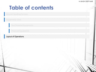 Ground Handling Services
Equipments Used
Table of contents
Non Powered Equipments
Powered Equipments
Layout of Operations
 AKASH DEEP NAIR
 