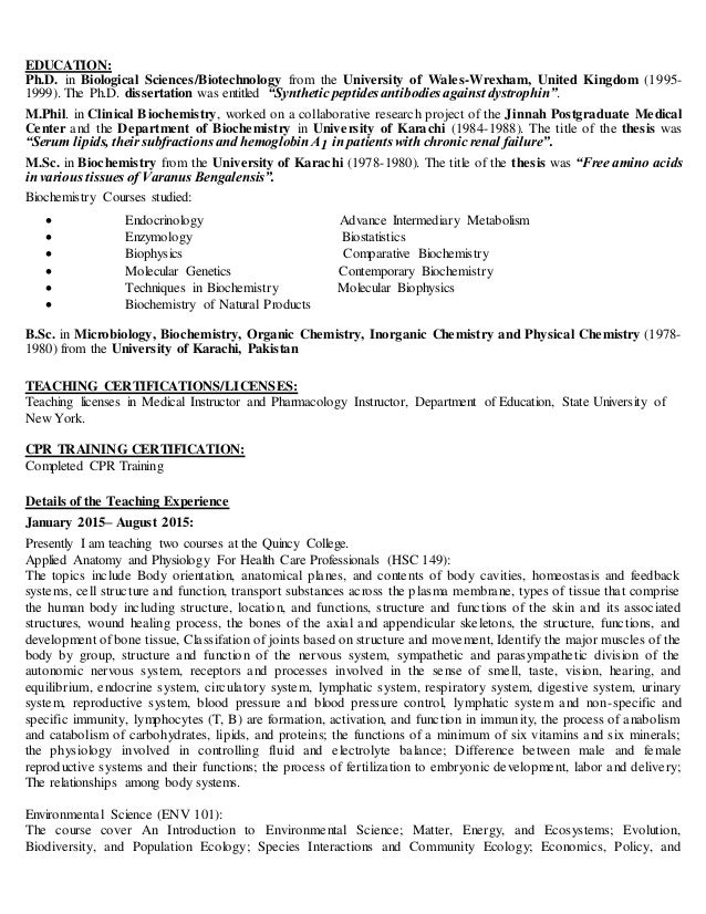 Phd biochemistry resume
