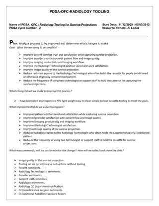 PDSA-OFC-RADIOLOGY TOOLING
Name of PDSA: OFC - Radiology Tooling for Sunrise Projections Start Date: 11/12/2009 - 05/03/2012
PDSA cycle number: 2 Resource owners: Al Lopez
_______________________________________________________________________________________
Plan: Analyze process to be improved and determine what changes to make
Goal: What are we trying to accomplish?
 Improve patient comfort level and satisfaction while capturing sunrise projection.
 Improve provider satisfaction with patient flow and image quality.
 Improve imaging productivity and imaging workflow.
 Improve the Radiology Technologist position speed and work satisfaction.
 Improve Image quality of the sunrise projection.
 Reduce radiation expose to the Radiology Technologist who often holds the cassette for poorly conditioned
or otherwise physically compromised patient.
 Reduce the frequency of using two technologist or support staff to hold the cassette for capturing the
sunrise projections.
What change(s) will we make to improve the process?
 I have fabricated an inexpensive PVC light weight easy to clean simple to load cassette tooling to meet the goals.
What improvement(s) do we expect to happen?
 Improved patient comfort level and satisfaction while capturing sunrise projection.
 Improved provider satisfaction with patient flow and image quality.
 Improved imaging productivity and imaging workflow.
 Improved Radiology Technologist satisfaction.
 Improved Image quality of the sunrise projection.
 Reduced radiation expose to the Radiology Technologist who often holds the cassette for poorly conditioned
patient.
 Reduced the frequency of using two technologist or support staff to hold the cassette for sunrise
projections.
What measurement(s) will we use to monitor the change? How will we collect and share the data?
 Image quality of the sunrise projection.
 Tooling set-up cycle times vs. set-up time without tooling.
 Patient comments.
 Radiology Technologists’ comments.
 Provider comments.
 Support staff comments.
 Radiologist comments.
 Radiology QC department notification.
 Orthopedics knee surgeon comments.
 Occupational Radiation Exposure Report.
 