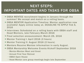  OBSA MENTEE recruitment begins in January through the
summer! We accept and match on a rolling basis.
 OBSA MENTOR Application Timeline: Mentor application now
available! Apply online today at. DEADLINE TO APPLY Feb 5,
2016
 Interviews: Scheduled on a rolling basis with OBSA staff and
Head Mentors, late February-March 2016
 Final selection announcement: March 25, 2016
 Mentor Training I: April 2016 (3 hours)
 Mentor Training II: August 2016 (2 hours)
 Mentors Receive Mentee information in early August.
 OBSA Mentorship Welcome Events Kickoff September 2016
 Mentor-Mentee Meet and Greet
 Annual First Year Retreat
 OBSA Open House
 Head Mentor core group meetings begin late September
NEXT STEPS:
IMPORTANT DATES AND TASKS FOR OBSA
 