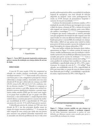 Índices ventilatórios em crianças em VM 203
Rev Bras Ter Intensiva. 2011; 23(2):199-206
DISCUSSÃO
A taxa de FE neste estudo (13%) foi comparável ao
rela­tado em estudos similares envolvendo crianças sob
ventilação mecânica.(3,5,6,11,22)
Neste estudo a FE se associou
com baixo peso e com o diagnóstico principal de crianças
submetidas a cirurgia cardíaca, mostrando uma taxa mais
elevada de FE do que o observado em crianças com BAV
[29,4% versus 6,4%, RR 4,6 (1,2-17,2)], conforme cita-
do em diversos estudos.(3,6,24,25)
Quando se comparam os
grupos com sucesso e com falha, apenas uma variável res-
piratória mostrou significância estatística: a pressão inspi­
ratória média máxima (PIM) que foi muito mais negati-
va no grupo bem sucedido do que no grupo com falha.
Entretanto, a não uniformidade e a ampla dispersão desta
variável afetou a acurácia para prever o sucesso da extuba-
ção (sensibilidade de 82% e especificidade de 55% para
um ponto de corte de -37,5 cmH2
O para prever sucesso).
A identificação precisa de crianças em VM com risco
elevado de FE é um dos principais desafios atuais no
campo da terapia intensiva pediátrica.(1-15)
A remoção do
tubo traqueal de uma criança que ainda não está pronta
para sustentar suas próprias demandas respiratórias tem
se associado com diversos problemas de risco à vida como
parada cardiorrespiratória súbita, necessidade de intubação
traqueal de emergência, taxa mais elevada de infecção
adquirida no hospital, assim como prolongamento da
estada na UTIP, duração da permanência hospitalar e
aumento da taxa de mortalidade.(3,5,6,12,13)
Conforme foi demonstrado em diversos estudos, a FE é
resultado de uma série de fatores que interagem entre si como
a idade da criança, a duração da VM, o número de trocas do
tubo traqueal, uso intenso de sedativos, assim como disfun-
ção cardíaca e neurológica.(5-8,11,13,14,25,26)
Consequentemente,
é intrigante que mesmo conhecendo as variáveis associadas
com pior prognóstico da retirada do tubo traqueal, estas não
sejam levadas em conta nas diferentes fórmulas e índices uti-
lizados para prever o sucesso/falha da extubação em crianças.
Mais ainda, é difícil crer que apenas uma variável ou índice
possa prever de forma acurada o sucesso da extubação em um
grupo heterogêneo de crianças submetidas a VM.
Para uma melhor avaliação das limitações destes índices,
apresentamos na Figura 3 o volume corrente de nossos pa-
cientes, medido imediatamente antes da extubação e relacio-
nandoopontodecorteescolhidopordiferentesautorescomo
acurados para prever sucesso da extubação.(7,11,16,17)
Com o
uso do ponto de corte do volume corrente de 4 ml/kg,(4,7,12,17)
como preditor de extubação bem sucedida em crianças, sua
sensibilidade e especificidade seriam de 16% e 85%, respec-
tivamente. Se o ponto de corte de VC
< 5,5 ml/kg(16)
fosse
adotado, sua sensibilidade seria de 31% e especificidade de
69%; por outro lado, se o ponto de corte de volume corrente
fosse deslocado para 6 ml/kg(5)
, a sensibilidade e especificida-
de seriam, respectivamente de 39% e 54% (Figura 3).
1 - Especificidade
Curva ROC
Sensibilidade
Figura 2 – Curva ROC da pressão inspiratória máxima para
prever o sucesso da extubação em crianças abaixo de um ano
de idade.
1 Khan/96
1 Farias/98
2 Thiagarajan/99
3 Manczur/00
Volumecorrente(ml/kg)
Sucesso
Falha
Pacientes
Figura 3 – Volume corrente medido em cem crianças no
momento imediatamente anterior à extubação traqueal.
As três linhas horizontais representam os pontos de corte
definidos por diferentes autores como acurados para prever o
sucesso/falha da extubação em crianças.
1,0
0,8
0,5
0,3
0
0,0	0,3	0,5	0,8	 1
 