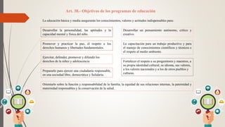 Art. 38.- Objetivos de los programas de educación
La educación básica y media asegurarán los conocimientos, valores y actitudes indispensables para:
Desarrollar la personalidad, las aptitudes y la
capacidad mental y física del niño.
Promover y practicar la paz, el respeto a los
derechos humanos y libertades fundamentales.
Ejercitar, defender, promover y difundir los
derechos de la niñez y adolescencia
Prepararlo para ejercer una ciudadanía responsable,
en una sociedad libre, democrática y Solidaria.
Orientarlo sobre la función y responsabilidad de la familia, la equidad de sus relaciones internas, la paternidad y
maternidad responsables y la conservación de la salud.
Fortalecer el respeto a su progenitores y maestros, a
su propia identidad cultural, su idioma, sus valores,
a los valores nacionales y a los de otros pueblos y
culturas.
Desarrollar un pensamiento autónomo, crítico y
creativo.
La capacitación para un trabajo productivo y para
el manejo de conocimientos científicos y técnicos e
el respeto al medio ambiente.
 
