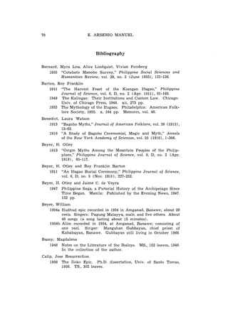 E. ARSENIO MANUEL



                           Bibliography

Bernard, Myra Lou, Alice Lindquist, Vivian Forsberg
    1955 "Cotabato Manobo Survey," Philippine Social Sciences and
         Humanities Review, vol. 20, no. 2 (June 1955), 121-136.
Barton, Roy Franklin
    1911 "The Harvest Feast of the Kiangan Ifugao," Philippine
         Journal of Science, vol. 6, D, no. 2 (Apr. 1911), 81-105.
    1949 The Kalingas: Their Institutions and Custom Law. Chicago:
         Univ. of Chicago Press, 1949. xii, 275 pp.
    1955 The Mythology of the Ifugaos. Philadelphia: American Folk-
          lore Society, 1955. x, 244 pp. Memoirs, vol. 46.
Benedict, Laura Watson
   1913 "Bagobo Myths," Journal of American Folklore, vol. 26 (1913),
          13-63.
   1916 "A Study of Bagobo Ceremonial, Magic and Myth," Annals
          of the New York Academy of Sciences, vol. 25 (1916), 1-308.
Beyer, H. Otley
   1913 "Origin Myths Among the Mountain Peoples of the Philip-
         pines," Philippine Journal of Science, vol. 8, D, no. 2 (Apr.
          1913), 85-117.
Beyer, H. Otley and Roy Franklin Barton
   1911 "An Ifugao Burial Ceremony," Philippine Journal of Science,
          vol. 6, D, no. 5 (Nov. 1911), 227-252.
Beyer, H. Otley and Jaime C. de Veyra
   1947 Philippine Saga, a P~ctorialHistory of the Archipelago Since
          Time Began. Manila: Published by the Evening News, 1947.
          152 pp.
Beyer, William
   1954a Hudhud epic recorded in 1954 in Amganad, Banawe; about 20
         reels. Singers: Pugung Malayyu, male. and five others. About
         40 songs ( a song lasting about 15 minutes).
   1954b Alim recorded in 1954, at Amganad, Banawe; consisting of
          one reel. Singer: Manguhan Gubbayan, chief priest of
         Kababuyan, Banawe. Gubbayan still living in October 1960.
Busoy, Magdalena
    1948 Notes on the Literature of the Ibaloys. MS., 102 leaves, 1948.
         In the collection of the author.
Calip, Jose Resurrection
    1958 The Iloko Epic. Ph.D. dissertation, Univ. of Santo Tomas,
          1958. TS., 302 leaves.
 