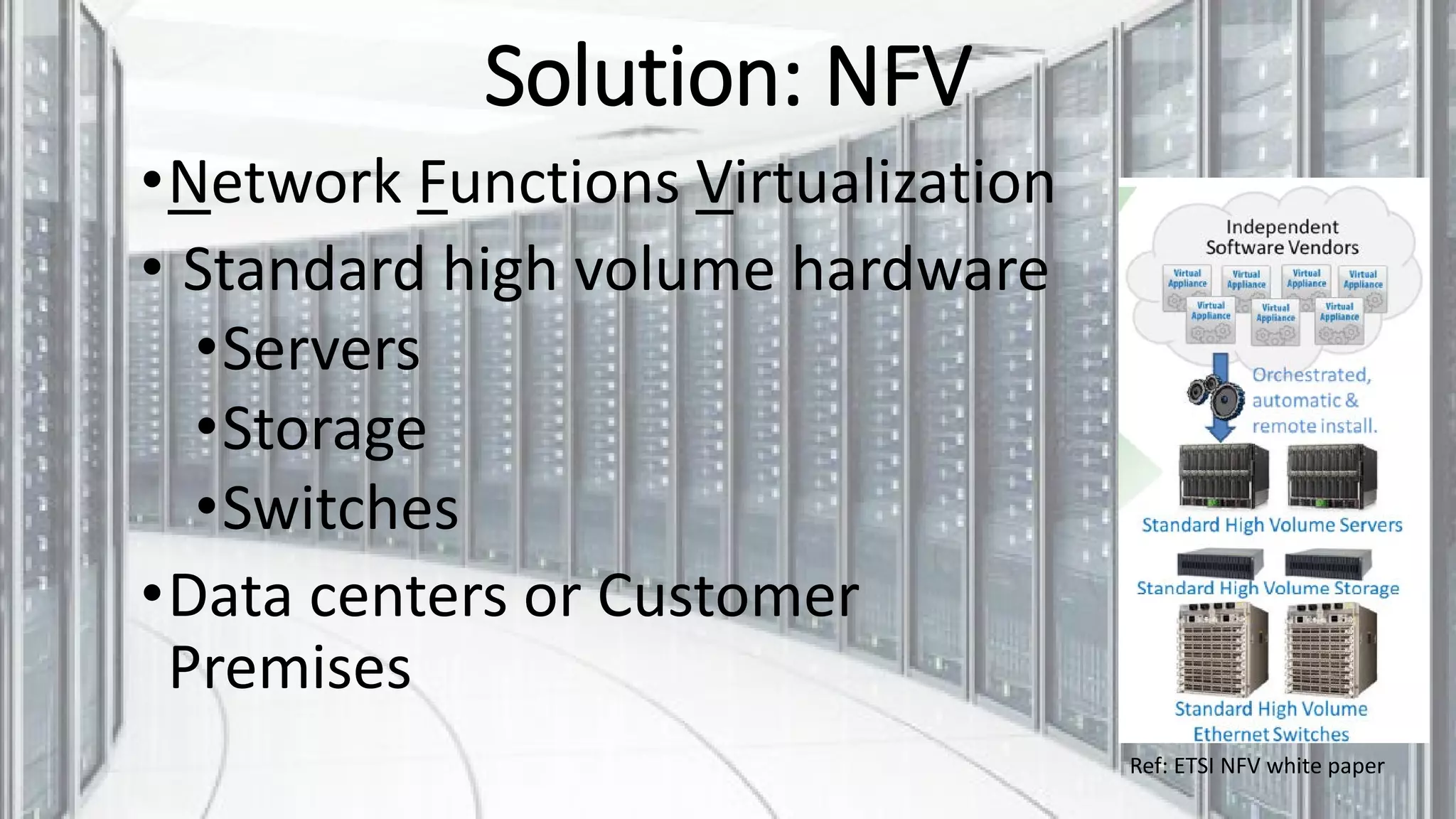 Solution: NFV
•Network Functions Virtualization
• Standard high volume hardware
•Servers
•Storage
•Switches
•Data centers or Customer
Premises
Ref: ETSI NFV white paper
 