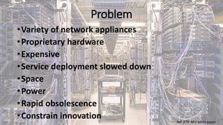 Problem
•Variety of network appliances
•Proprietary hardware
•Expensive
•Service deployment slowed down
•Space
•Power
•Rapid obsolescence
•Constrain innovation Ref: ETSI NFV white paper
 