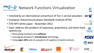 Network Functions Virtualization
• Initiated by an international consortium of Tier 1 service providers
• European Telecommunications Standards Institute (ETSI)
• ETSI NFV white paper - November 2012
• Goal: Address the problem of expensive, proprietary, and short-lived
systems by:
• Decoupling hardware and software
• Leveraging standard IT virtualization technology
• Using open APIs and an ecosystem of suppliers to build solutions
 