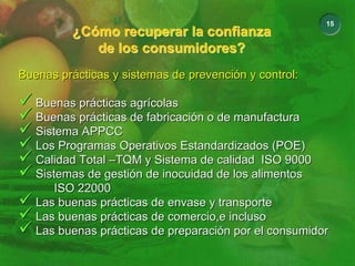 15
¿Cómo recuperar la confianza
de los consumidores?
¿Cómo recuperar la confianza
de los consumidores?
Buenas prácticas y sistemas de prevención y control:
9 Buenas prácticas agrícolas
9 Buenas prácticas de fabricación o de manufactura
9 Sistema APPCC
9 Los Programas Operativos Estandardizados (POE)
9 Calidad Total –TQM y Sistema de calidad ISO 9000
9 Sistemas de gestión de inocuidad de los alimentos
ISO 22000
9 Las buenas prácticas de envase y transporte
9 Las buenas prácticas de comercio,e incluso
9 Las buenas prácticas de preparación por el consumidor
Buenas prácticas y sistemas de prevención y control:
9 Buenas prácticas agrícolas
9 Buenas prácticas de fabricación o de manufactura
9 Sistema APPCC
9 Los Programas Operativos Estandardizados (POE)
9 Calidad Total –TQM y Sistema de calidad ISO 9000
9 Sistemas de gestión de inocuidad de los alimentos
ISO 22000
9 Las buenas prácticas de envase y transporte
9 Las buenas prácticas de comercio,e incluso
9 Las buenas prácticas de preparación por el consumidor
 