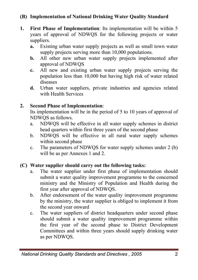 Nepal's national drinking water quality standard 2005