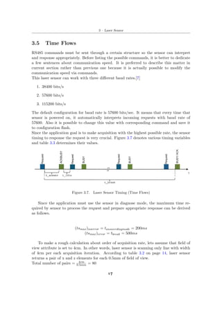 3 – Laser Sensor
3.5 Time Flows
RS485 commands must be sent through a certain structure so the sensor can interpret
and response appropriately. Before listing the possible commands, it is better to dedicate
a few sentences about communication speed. It is preferred to describe this matter in
current section rather than previous one because it is actually possible to modify the
communication speed via commands.
This laser sensor can work with three different baud rates.[7]
1. 38400 bits/s
2. 57600 bits/s
3. 115200 bits/s
The default configuration for baud rate is 57600 bits/sec. It means that every time that
sensor is powered on, it automatically interprets incoming requests with baud rate of
57600. Also it is possible to change this value with corresponding command and save it
to configuration flash.
Since the application goal is to make acquisition with the highest possible rate, the sensor
timing to response the request is very crucial. Figure 3.7 denotes various timing variables
and table 3.3 determines their values.
Figure 3.7. Laser Sensor Timing (Time Flows)
Since the application must use the sensor in diagnose mode, the maximum time re-
quired by sensor to process the request and prepare appropriate response can be derived
as follows.
(tsmax)noerror = tanswerdiagmode = 200ms
(tsmax)error = tbreak = 500ms
To make a rough calculation about order of acquisition rate, lets assume that field of
view attribute is set to 4cm. In other words, laser sensor is scanning only line with width
of 4cm per each acquisition iteration. According to table 3.2 on page 14, laser sensor
returns a pair of x and z elements for each 0.5mm of field of view.
Total number of pairs = 4cm
0.5mm = 80
17
 
