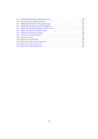 6.2 MATLAB 3D Surface Representation . . . . . . . . . . . . . . . . . . . . . . 46
6.3 Leveled Surface Representation . . . . . . . . . . . . . . . . . . . . . . . . . 47
6.4 MATLAB 3D Model Abrupt Changes . . . . . . . . . . . . . . . . . . . . . 48
6.5 MATLAB 3D Model Added Neighbors . . . . . . . . . . . . . . . . . . . . . 49
6.6 MATLAB 3D Model Removed Min Value . . . . . . . . . . . . . . . . . . . 50
6.7 Segmented Black & White Image . . . . . . . . . . . . . . . . . . . . . . . . 52
6.8 Segmented Grayscale Image . . . . . . . . . . . . . . . . . . . . . . . . . . . 52
6.9 Contrast Stretched Image . . . . . . . . . . . . . . . . . . . . . . . . . . . . 53
6.10 Negative Image . . . . . . . . . . . . . . . . . . . . . . . . . . . . . . . . . . 53
6.11 Open-CV Loaded File . . . . . . . . . . . . . . . . . . . . . . . . . . . . . . 58
6.12 Open-CV Orientation Corrected . . . . . . . . . . . . . . . . . . . . . . . . 59
6.13 Open-CV Colors Inverted . . . . . . . . . . . . . . . . . . . . . . . . . . . . 59
6.14 Open-CV Edges Sharpened . . . . . . . . . . . . . . . . . . . . . . . . . . . 60
vii
 