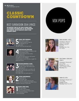 bull usu.edu.au
CLASSIC COUNTDOWN & VOX POPS
36
Maddie Houlbrook // ARTS II
Listening to: ‘Waterloo
Sunset’ by The Kinks
Reading: Tina Fey’s
Bossypants
Watching: How I Met
Your Mother.
Ryan O'Connor // Liberal Arts/
Science II
Listening to: ‘Runaround
Sue’ by Dion
Reading: Harry Potter
and the Chamber of Secrets
Watching: House
Hannah Cox // Arts I
Listening to: ‘Mambo No.5’
by Lou Bega
Reading: Hamlet
Watching: Would I Lie toYou?
BEST EUROVISION 2014 LYRICS
The happiest time of the year is almost here.
To celebrate the Grand Final of the Eurovision
Song Contest, we’ve picked out some of our
favourite lyrics.
5
ISRAEL (MEI FINEGOLD)
Don’t need to criticise
I’m not an animal in captivity
I’m skinning you out
No longer apart
We don’t beat from the same heart
4
SWITZERLAND (SEBALTER)
Like an evil satellite, twisting the truth
then leaving us alone
In this mad and moody world,
society without love
And I state my heart has been well trained,
I’m gonna be your candidate
I am the hunter, you are the prey, tonight I’m
gonna eat you up
3
POLAND (DONATAN & CLEO)
We are Slavic, we know how it is
We like to shake what mama in the
genes gave us
This is the hot blood, this is our Slavic call
We’re Slavic girls, we know how to use our
charming beauty
Now shake what your mama gave us!
2
LATVIA (aarzemnieki)
I melted the ice
Of the polar caps,
Found the raiders of the lost ark,
Solved a case for the genius from Baker Street,
Helped to clean the Central park
1
FRANCE (TWIN TWIN)
I lift some weights,
My body is a war machine,
I have everything you dream to have,
I may be all that is true but,
I want a moustache.
VOX pops
CLASSIC
COUNTDOWN
 