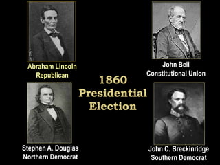1860
Presidential
Election
Abraham Lincoln
Republican
John Bell
Constitutional Union
Stephen A. Douglas
Northern Democrat
John C. Breckinridge
Southern Democrat
 