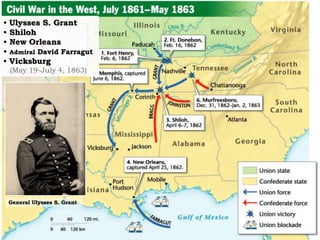 Civil War in the West
General Ulysses S. Grant
• Ulysses S. Grant
• Shiloh
• New Orleans
• Admiral David Farragut
• Vicksburg
(May 19-July 4, 1863)
 