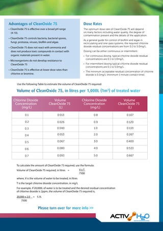 Use the following Table to estimate the volume of CleanOxide 75 required:
Chlorine Dioxide
Concentration
(mg/L)
Volume
CleanOxide 75
(L)
Chlorine Dioxide
Concentration
(mg/L)
Volume
CleanOxide 75
(L)
• CleanOxide 75 is effective over a broad pH range
(4-10).
• CleanOxide 75 controls bacteria, bacterial spores,
fungi, protozoa, viruses, bioﬁlm and algae.
• CleanOxide 75 does not react with ammonia and
does not produce toxic compounds in contact with
organic materials present in water.
• Microorganisms do not develop resistance to
CleanOxide 75
• CleanOxide 75 is effective at lower dose rates than
chlorine or bromine.
•
•
•
To calculate the amount of CleanOxide 75 required, use the formula:
Volume of CleanOxide 75 required, in litres =
where, V is the volume of water to be treated, in litres
T is the target chlorine dioxide concentration, in mg/L
For example, if 20,000L of water is to be treated and the desired residual concentration
of chlorine dioxide is 2ppm, the volume of CleanOxide 75 required is,
V x T
7500
20,000 x 2.0 = 5.3L
7500
 